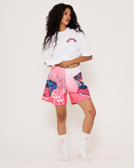 White & Pink Ombre Race Car Shorts