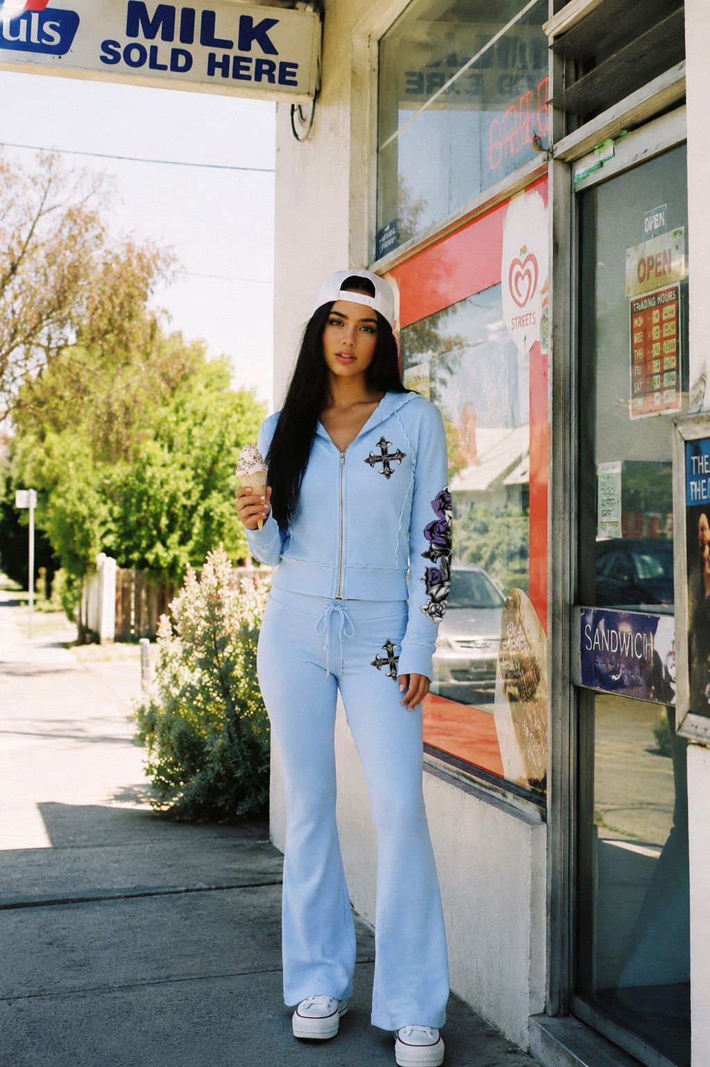 Blue Chrome Fleur Y2K Zip Sherpa Hoodie