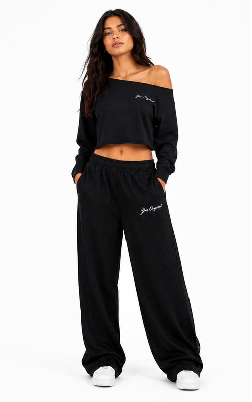 Black Signature Logo Off-Shoulder Crop Crew