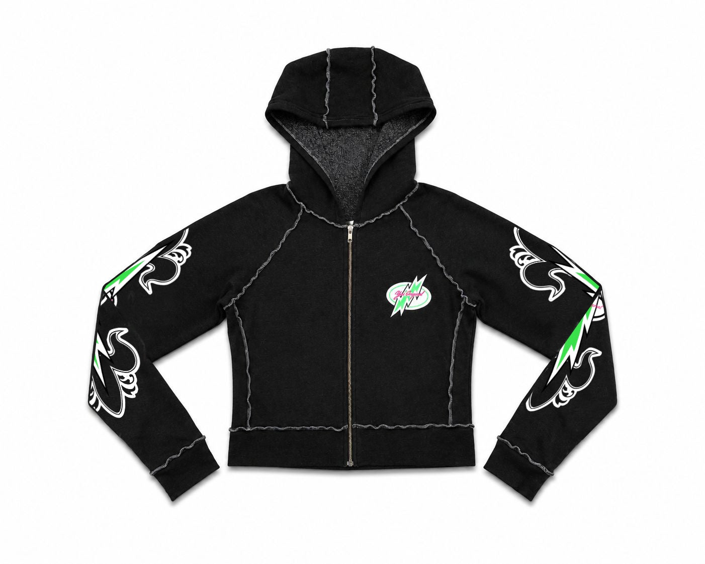 Black Fleur Lightning Bolt Y2K Sherpa Zip Hoodie