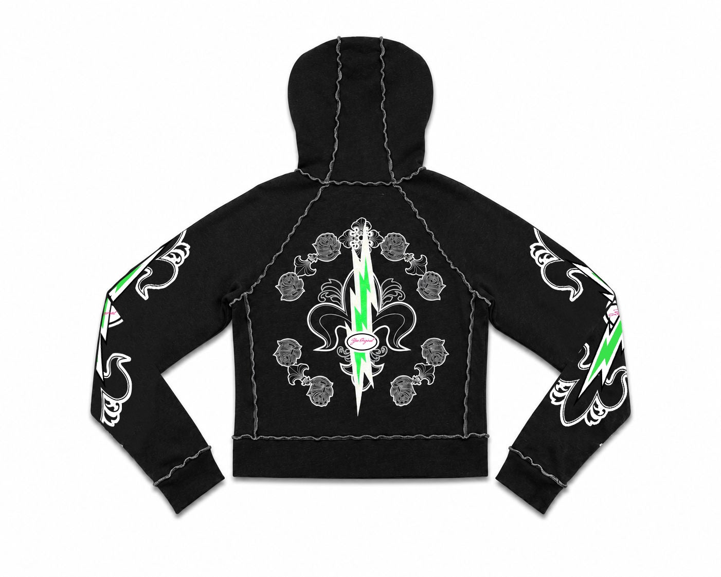 Black Fleur Lightning Bolt Y2K Sherpa Zip Hoodie