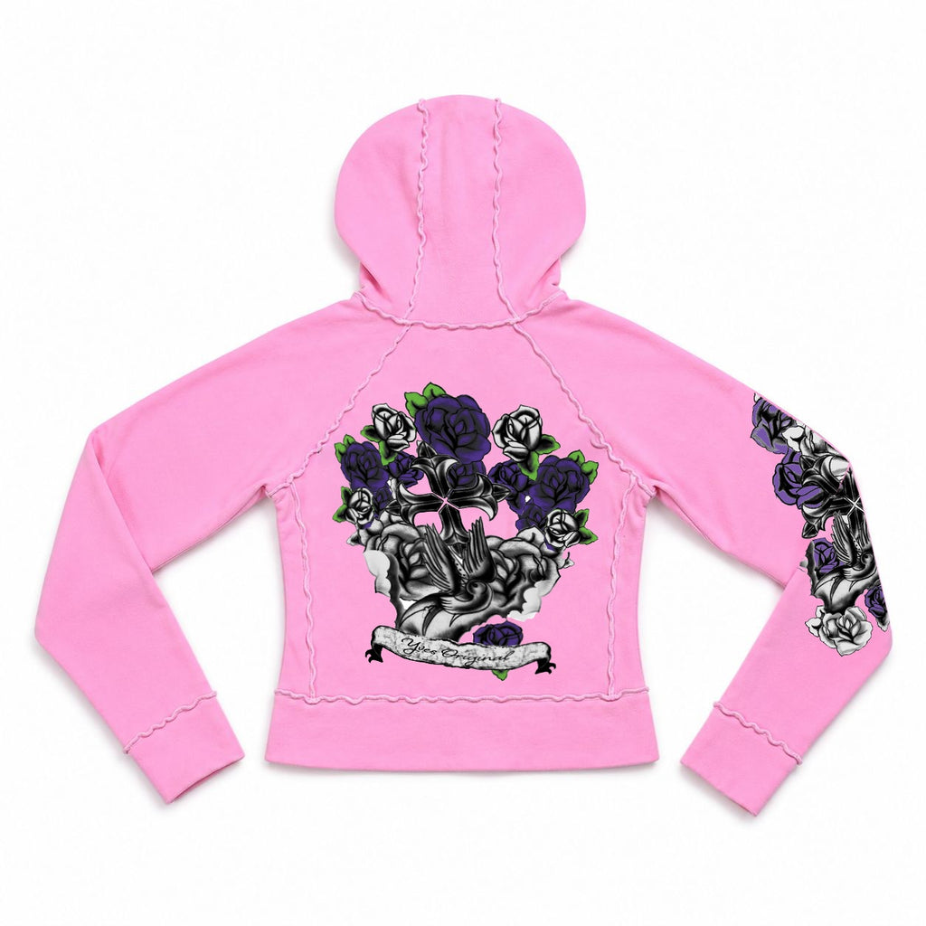 Pink Chrome Fleur Y2K Zip Sherpa Hoodie