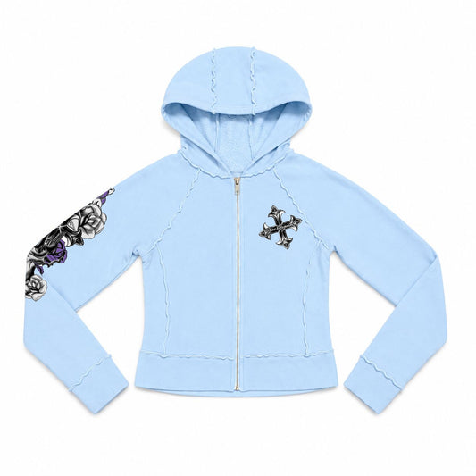 Blue Chrome Fleur Y2K Zip Sherpa Hoodie