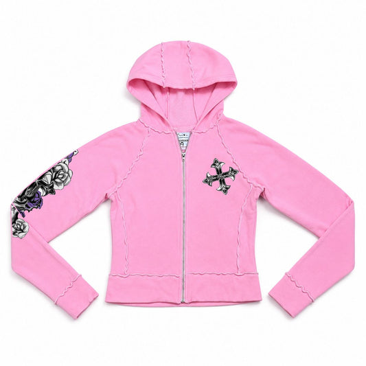 Pink Chrome Fleur Y2K Zip Sherpa Hoodie