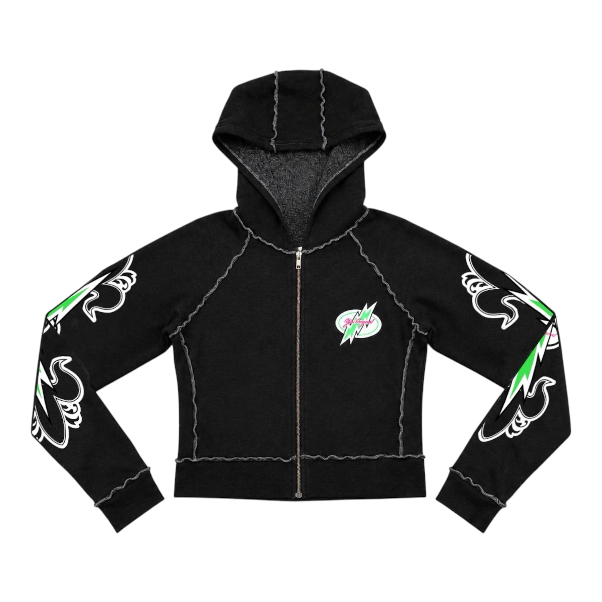 Black Fleur Lightning Bolt Y2K Sherpa Zip Hoodie