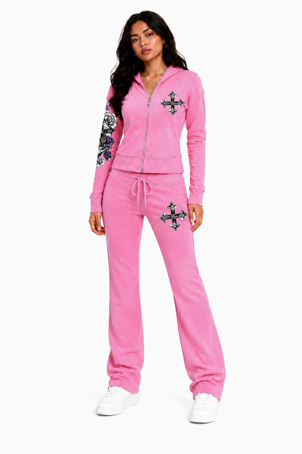 Pink Chrome Fleur Y2K Zip Sherpa Hoodie