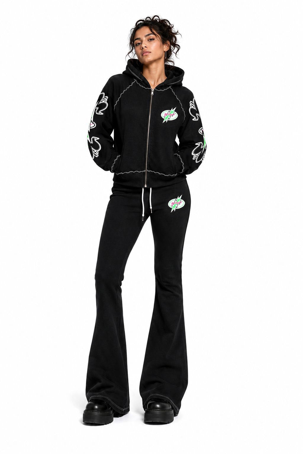 Black Fleur Lightning Bolt Y2K Sherpa Zip Hoodie