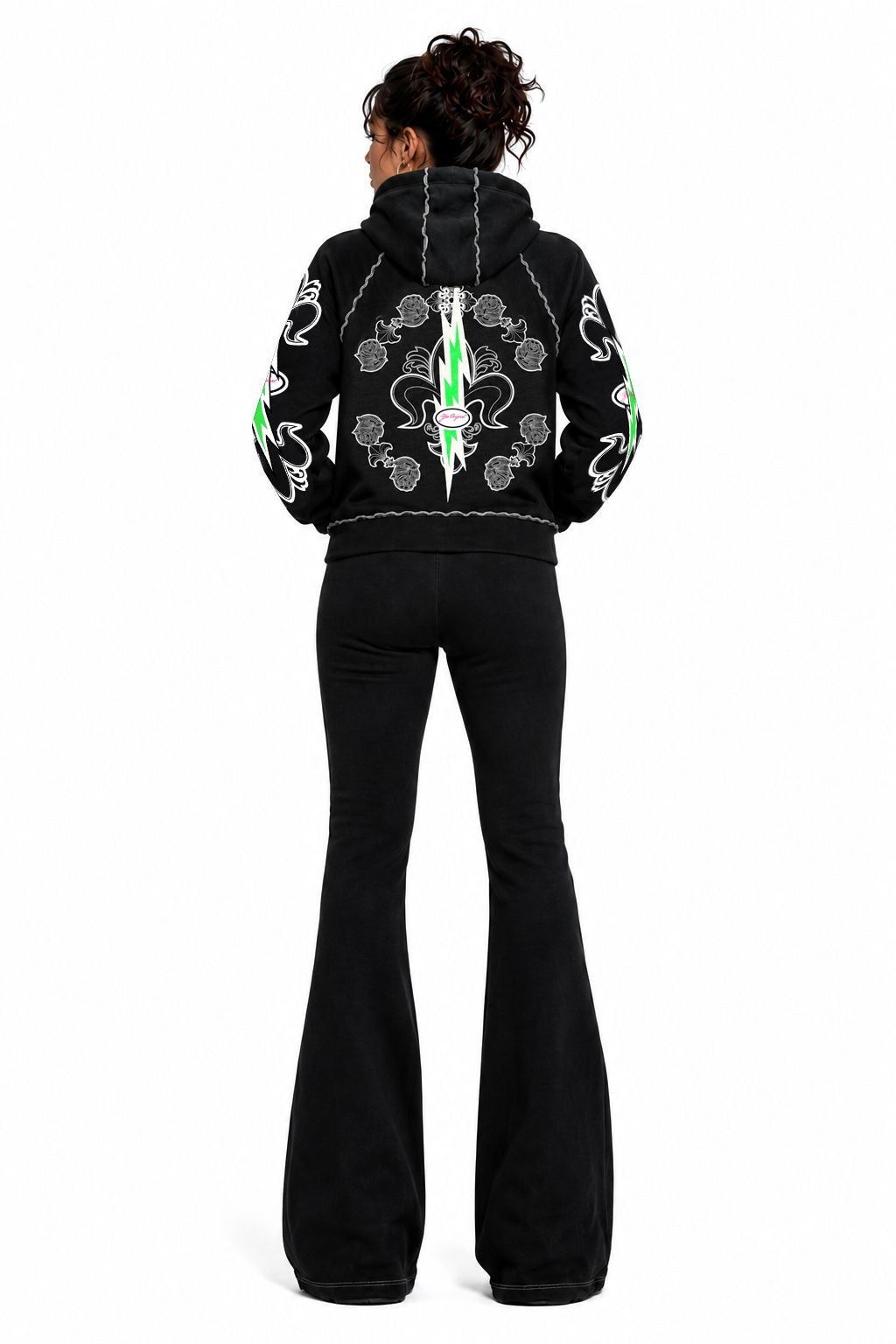 Black Fleur Lightning Bolt Y2K Sherpa Zip Hoodie