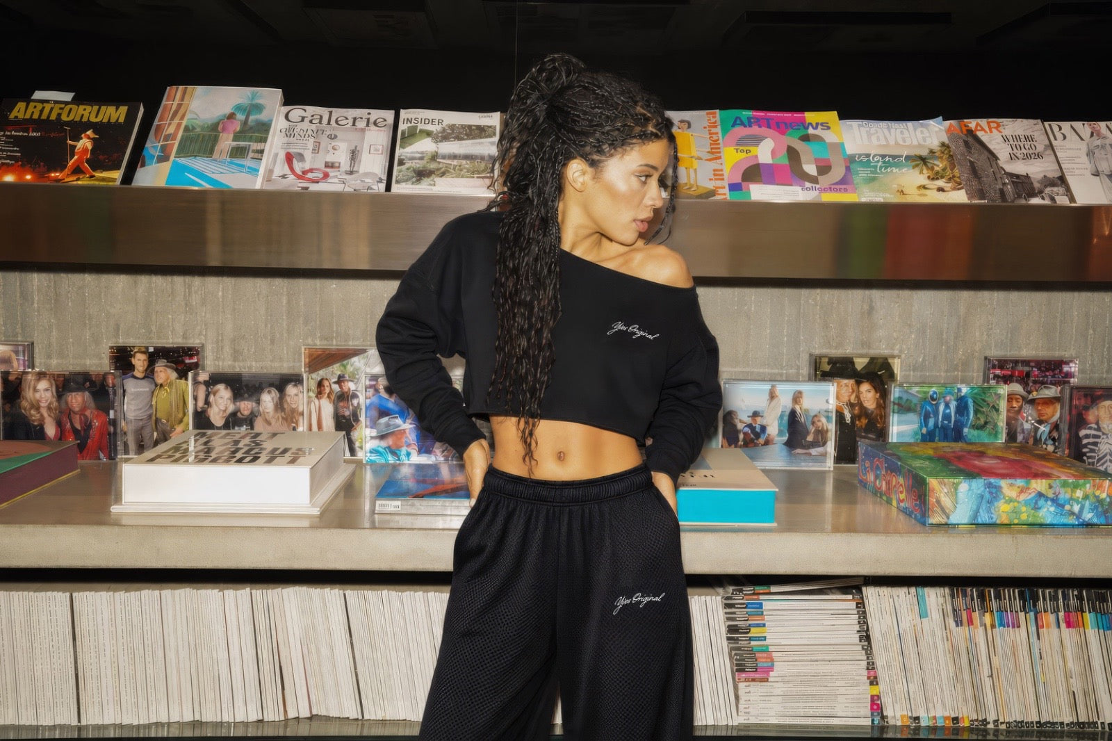 Black Signature Logo Off-Shoulder Crop Crew